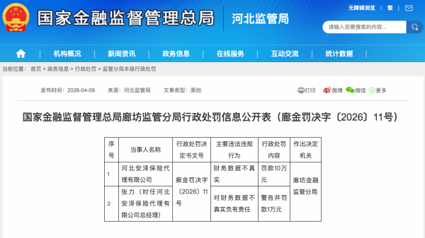 财务数据不实，河北一保险代理公司被罚10万及总经理被追责